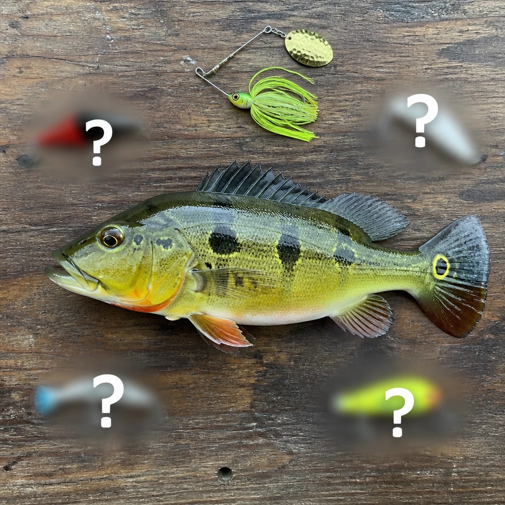 Peixe ao lado de iscas artificiais e naturais