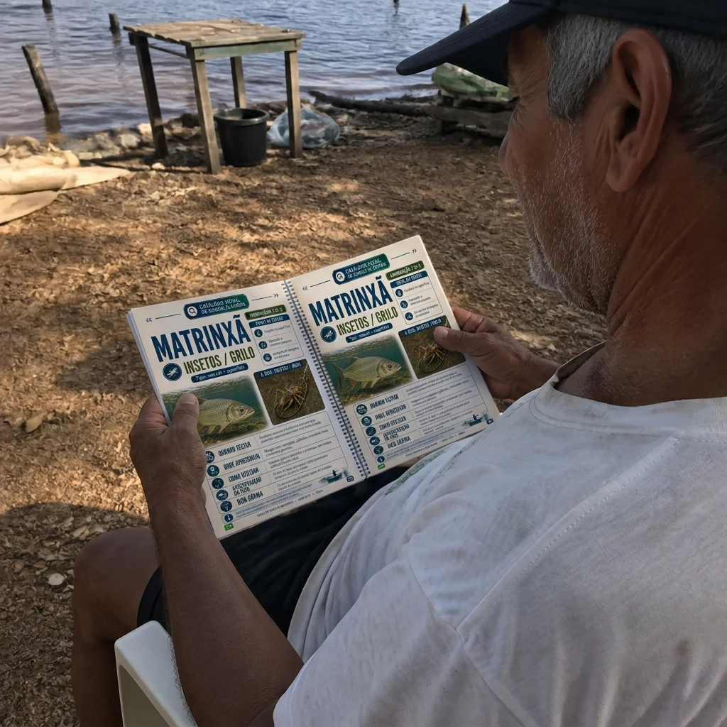 Pescador consultando o guia 100 Combinações de Iscas